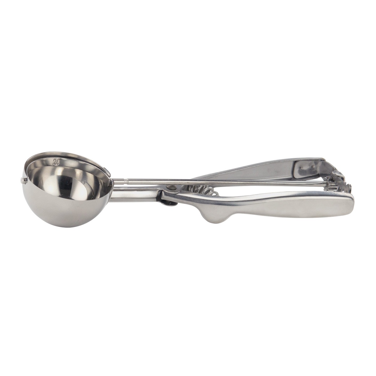 Winco ISS-20 stainless steel size 20 squeeze disher with round bowl and squeeze-trigger handle