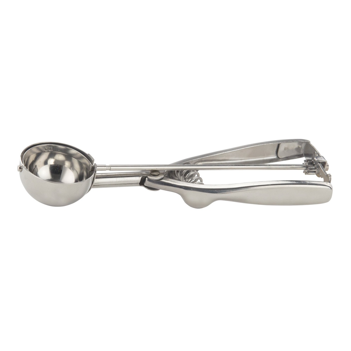 Winco ISS-30 stainless steel size 30 squeeze disher with round bowl and spring-loaded squeeze handle