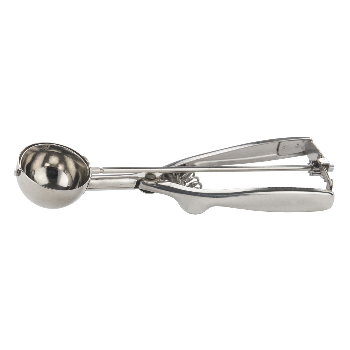 Winco ISS-40 Size 40 stainless steel squeeze disher with round bowl and spring-loaded squeeze handle
