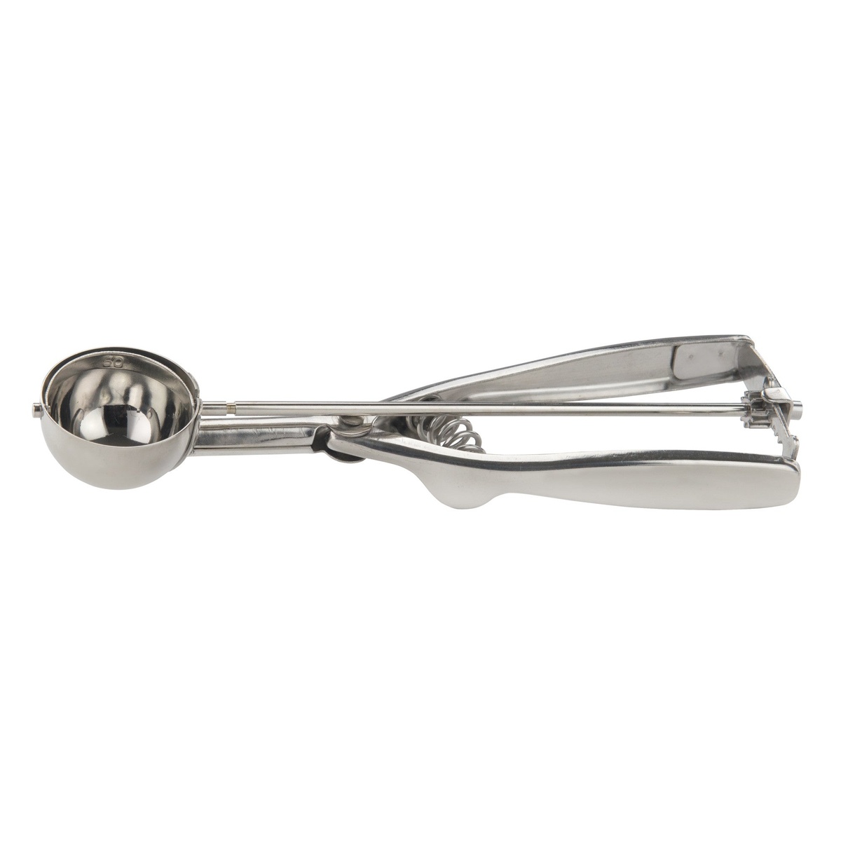 Winco ISS-50 stainless steel size 50 squeeze disher with round bowl and squeeze handle mechanism