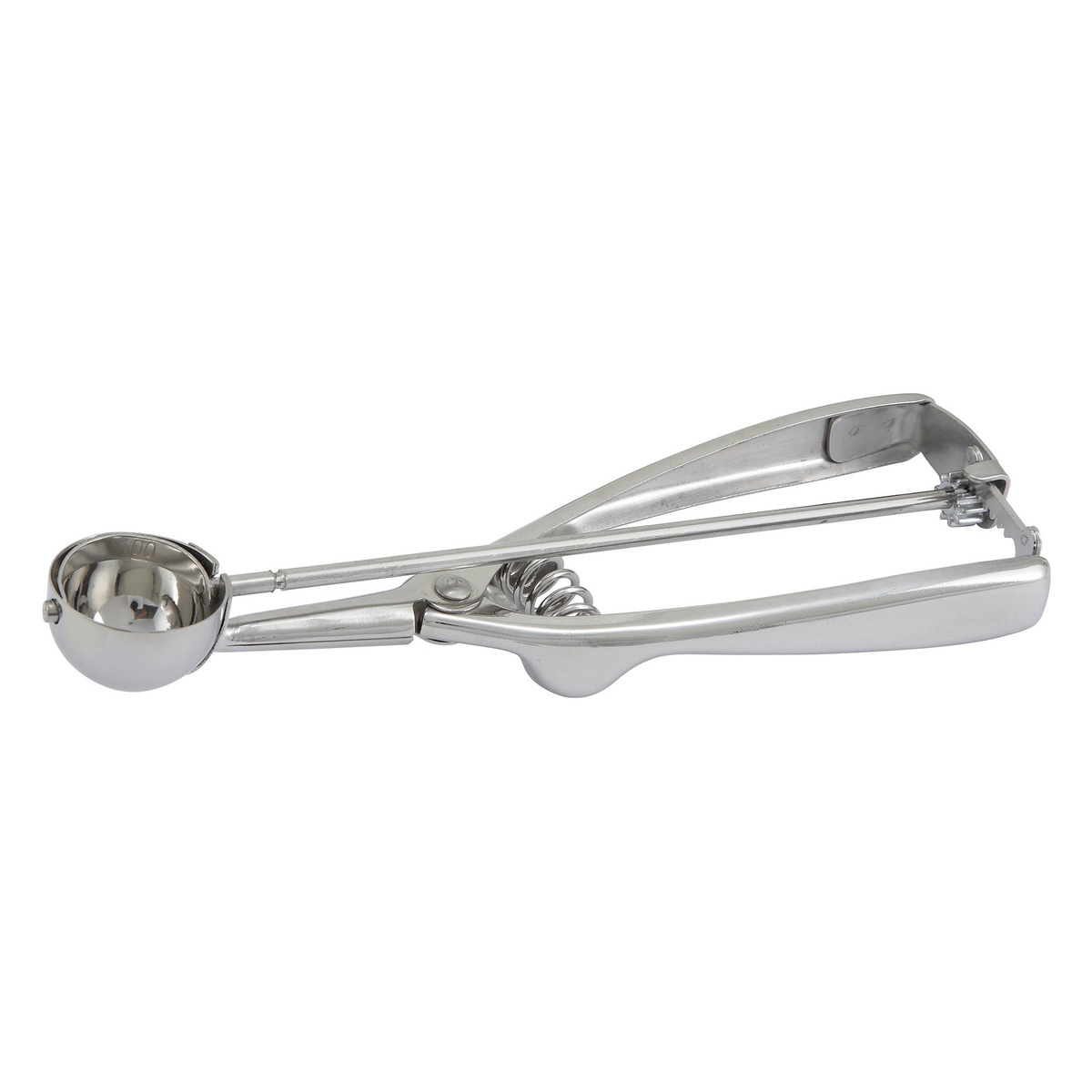 Winco ISS-60 stainless steel squeeze disher with round bowl and spring-loaded squeeze handle