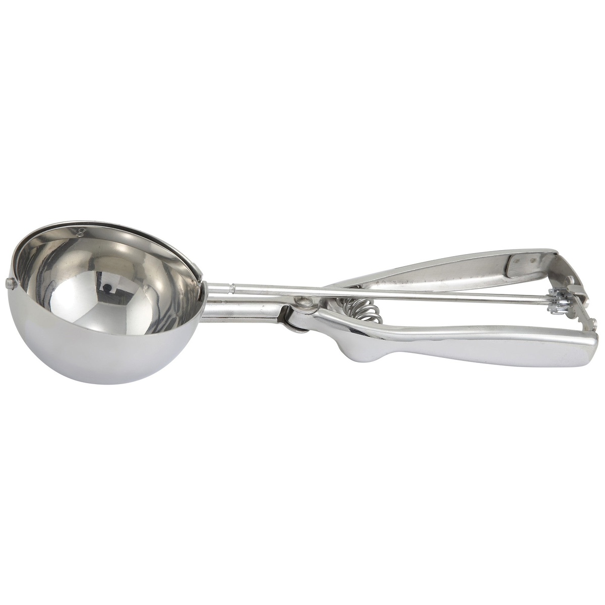 Winco ISS-8 stainless steel squeeze disher with round bowl and spring-loaded squeeze handle