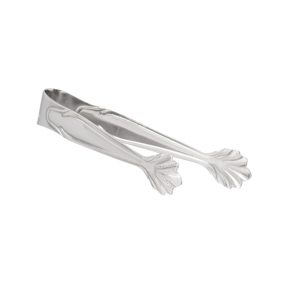 American Metalcraft IT400 sugar tongs shown horizontally, displaying the spring-action body and decorative claw tip ends