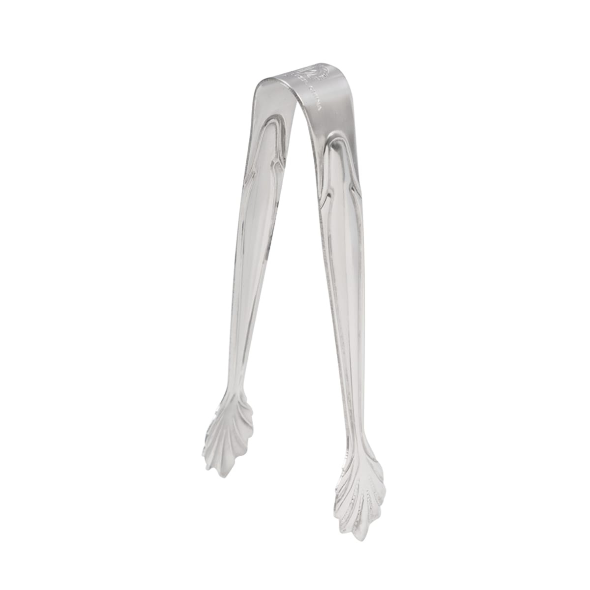 American Metalcraft IT400 stainless steel sugar tongs, vertical side profile view showing decorative leaf-shaped claw tips