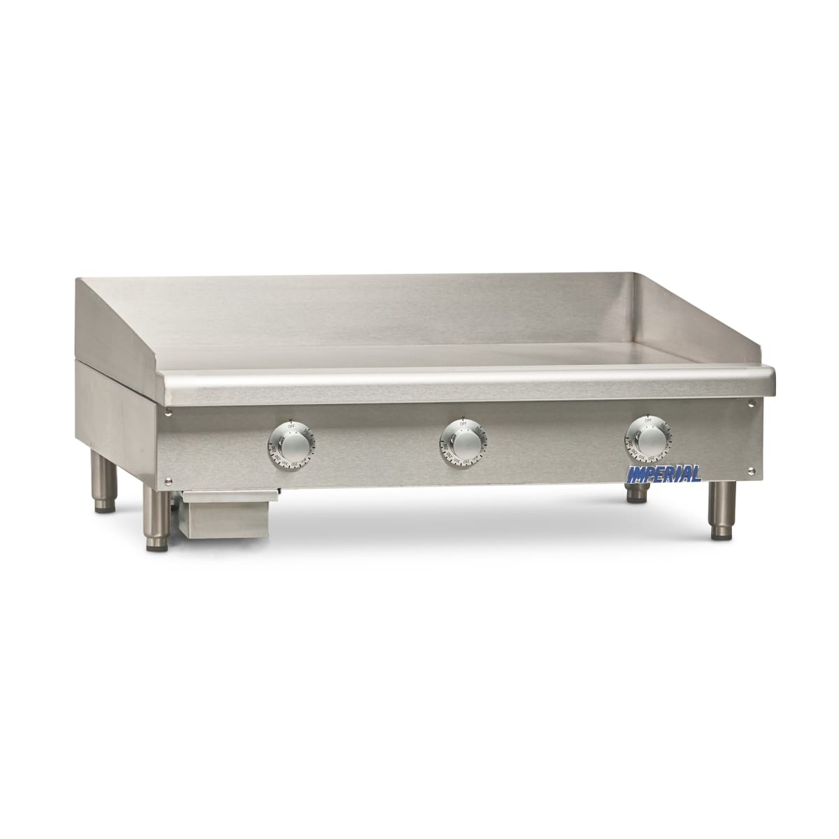 Imperial ITG-36 countertop griddle with three control knobs and stainless steel body