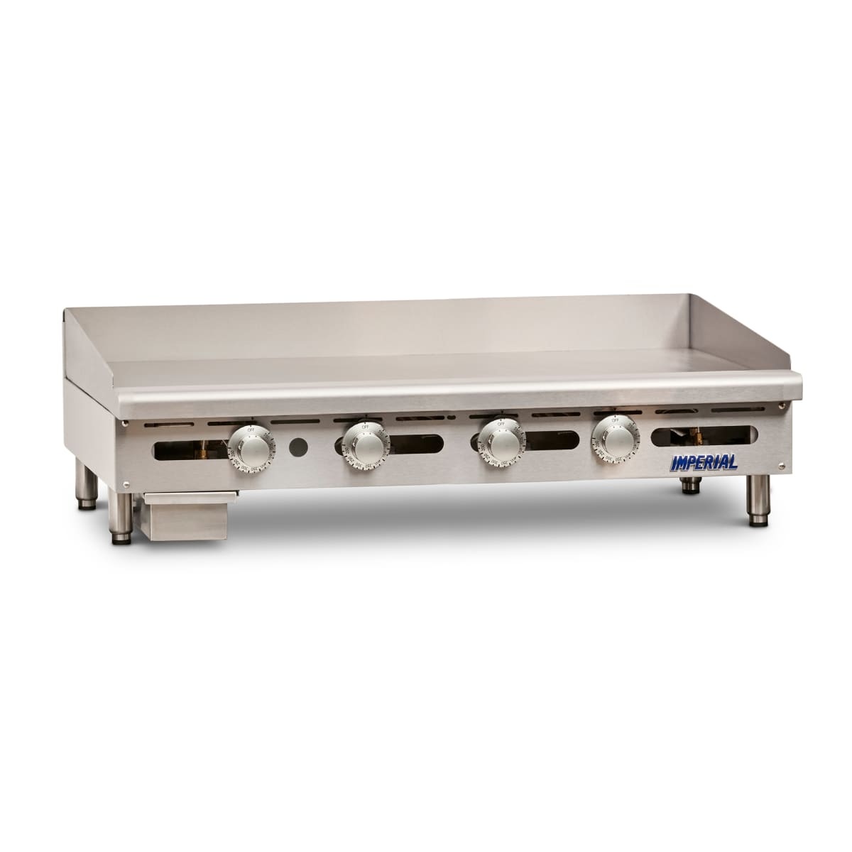 Imperial ITG-48 countertop griddle with stainless body, rear splash guard, and front control knobs