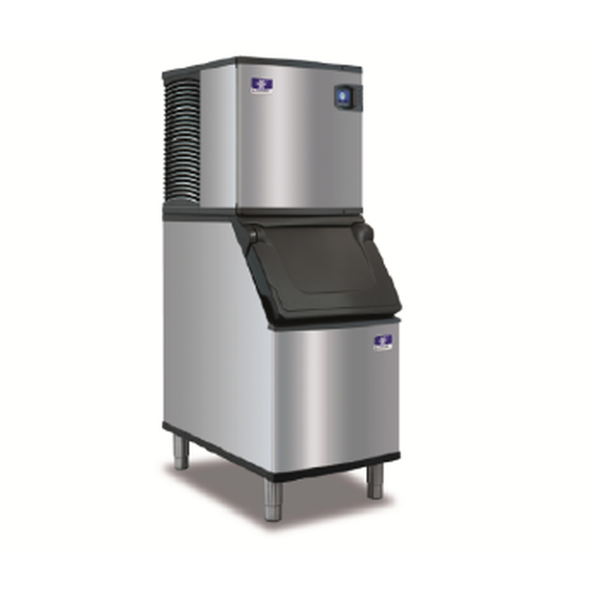 Manitowoc IYT0420W Indigo NXT ice machine head mounted on a stainless ice storage bin