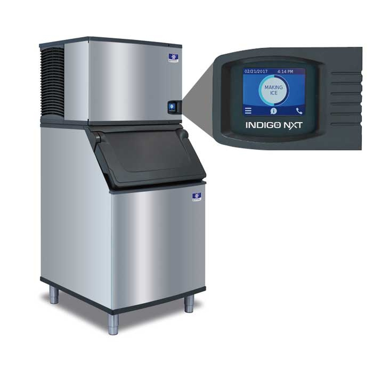 Manitowoc Indigo NXT ice machine head on a storage bin with a close up of the easyTouch display