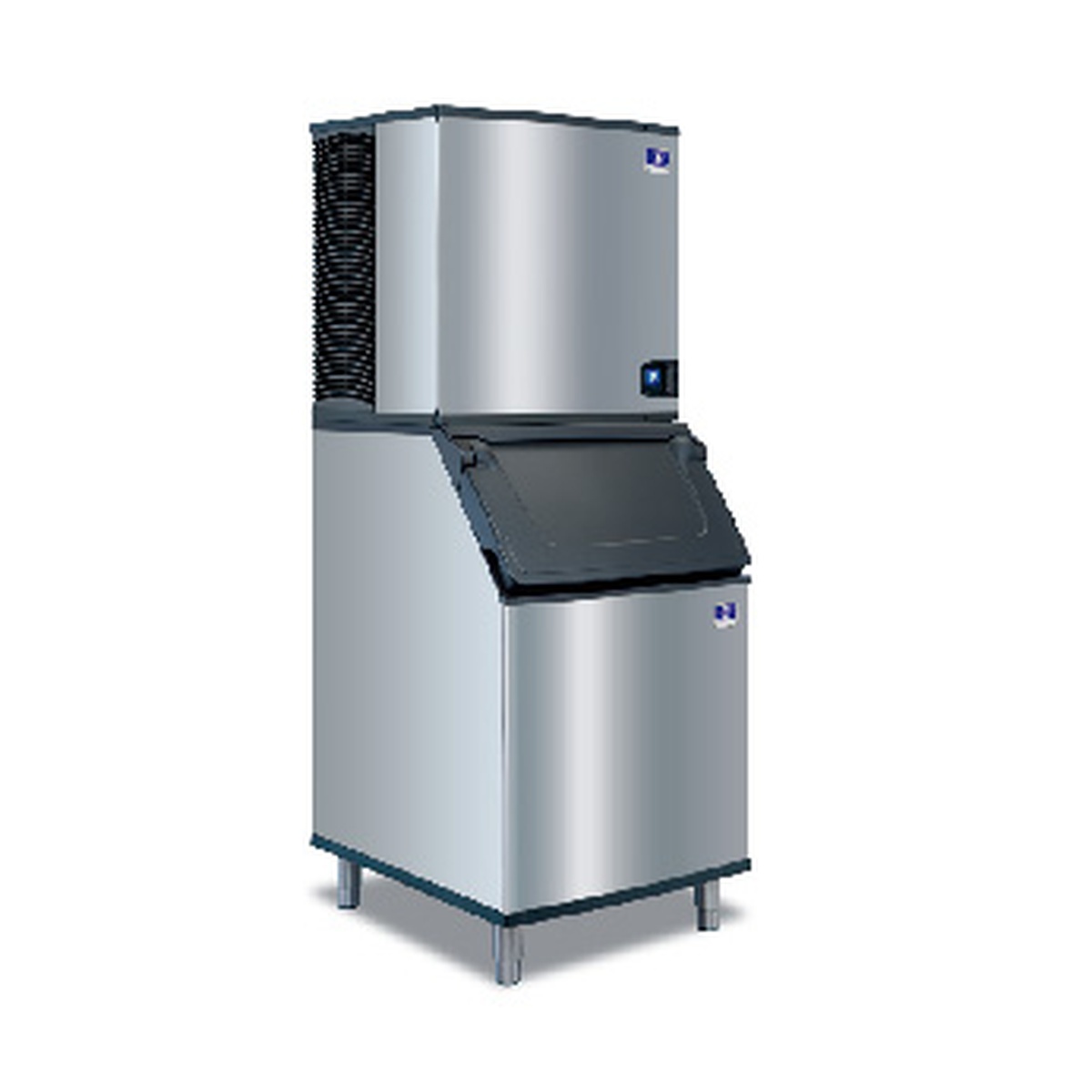 Manitowoc IYT0900A Indigo NXT ice machine head mounted on a stainless steel storage bin