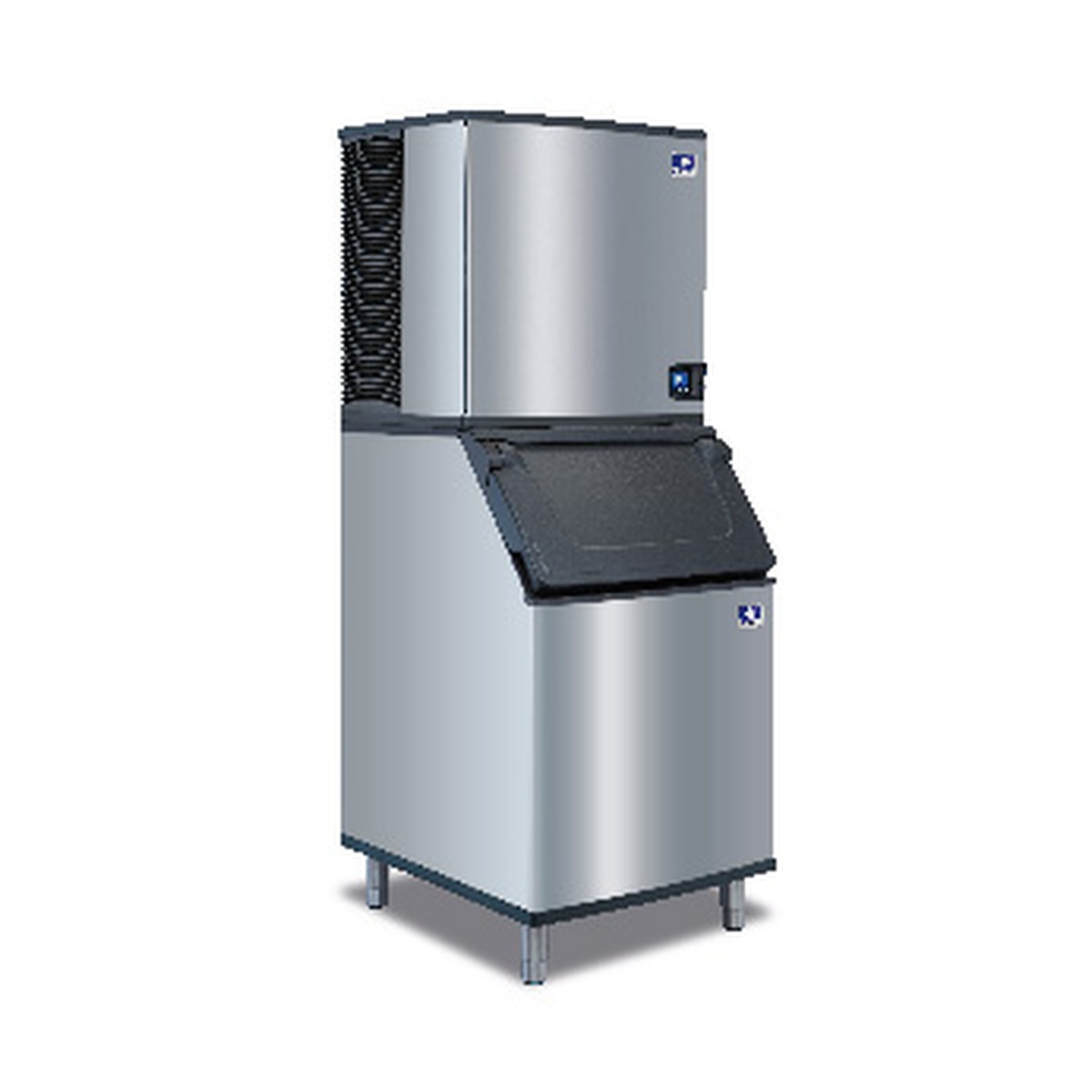 Manitowoc Indigo NXT Series ice machine mounted on matching storage bin, full unit view on white background