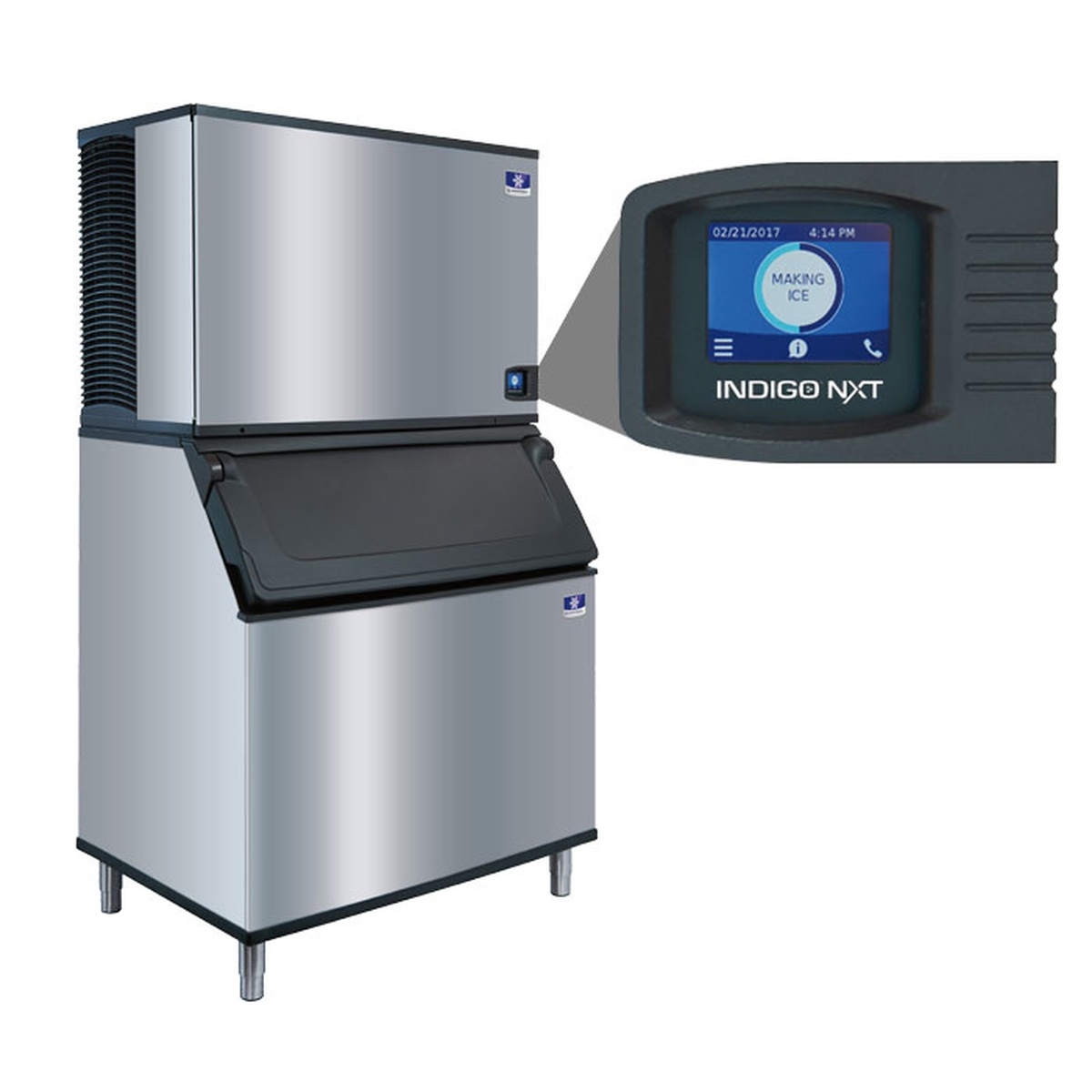 Manitowoc Indigo NXT iT1500 ice machine with storage bin and close-up of the easyTouch touchscreen display showing ice-making status