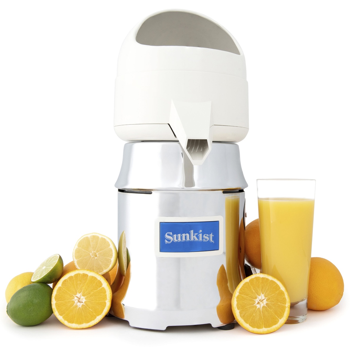Sunkist J-1 commercial citrus juicer with citrus fruit and a glass of juice