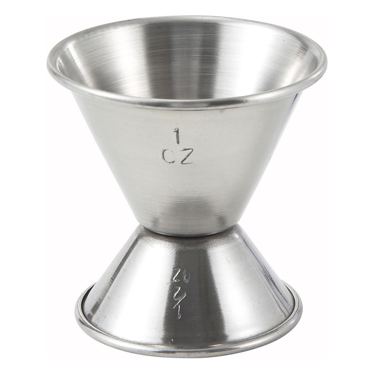 Winco J-1 stainless steel double jigger showing 1 oz and 1/2 oz measurement markings on each side