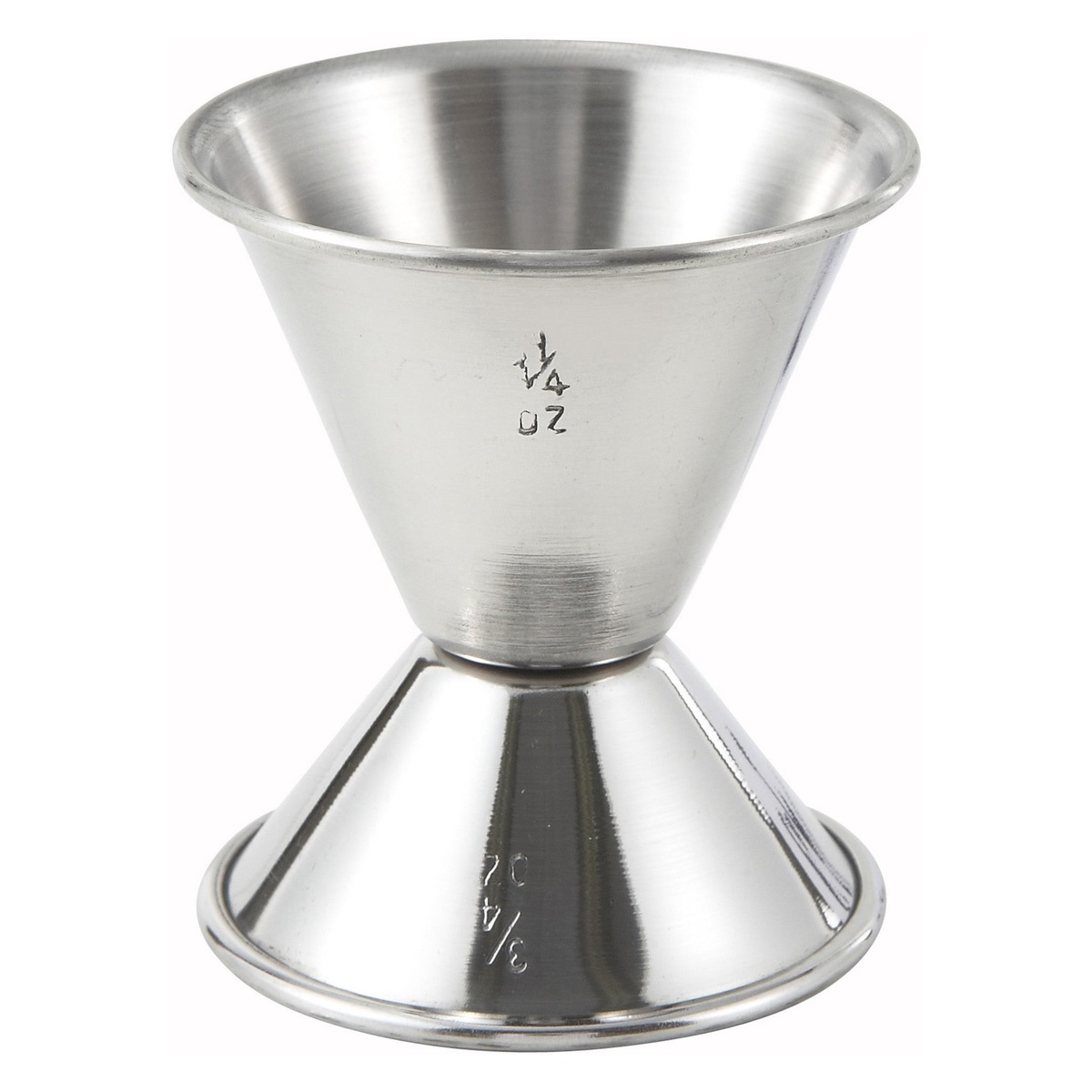 Winco J-2 stainless steel double jigger showing stamped 1-1/4 oz and 3/4 oz capacity markings on each side
