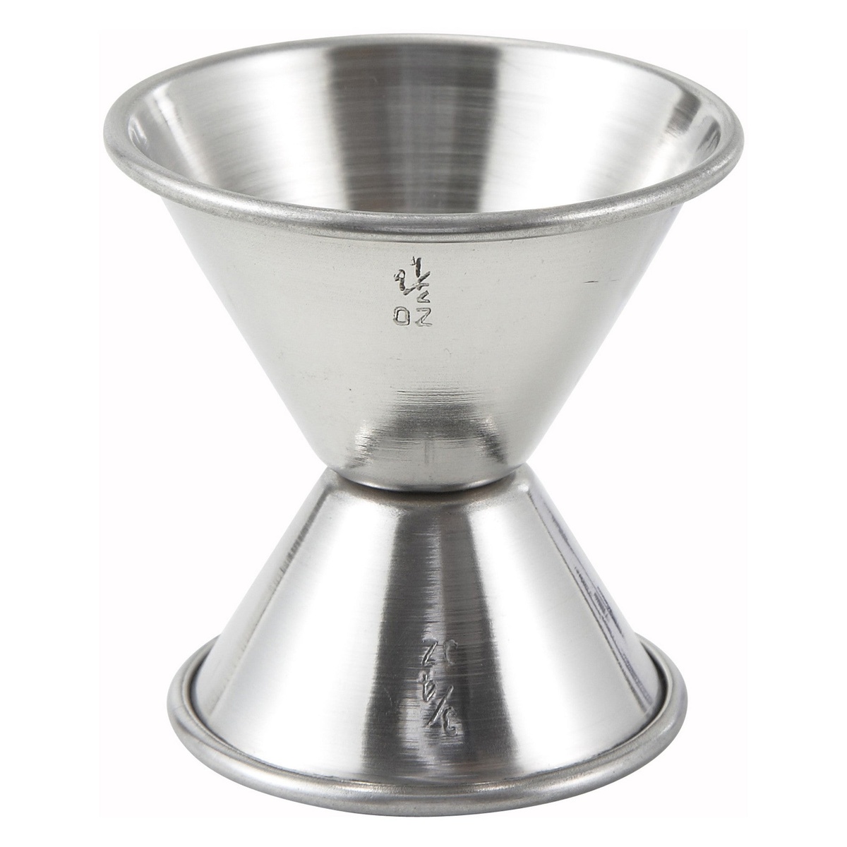 Winco J-3 stainless steel double jigger with 3/4 oz and 1-1/2 oz measurement markings on white background