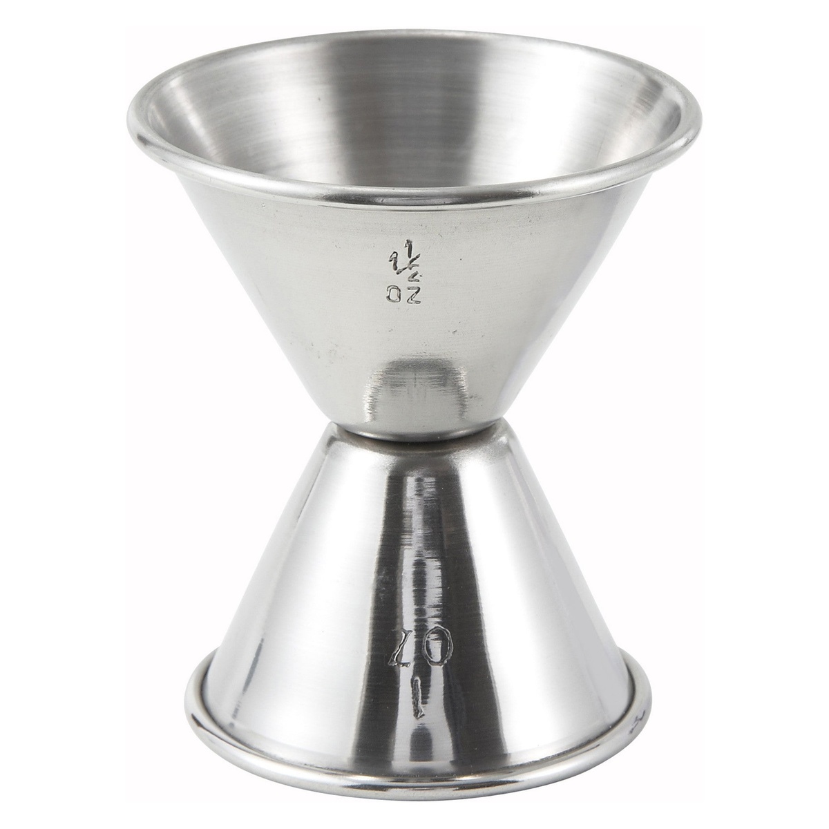 Winco J-4 stainless steel double jigger showing embossed 1-1/2 oz and 1 oz capacity markings on each side