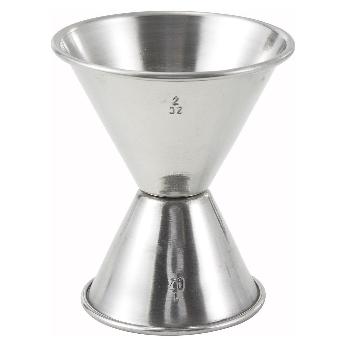 Winco J-5 stainless steel double jigger showing embossed 2 oz and 1 oz capacity markings on each cone