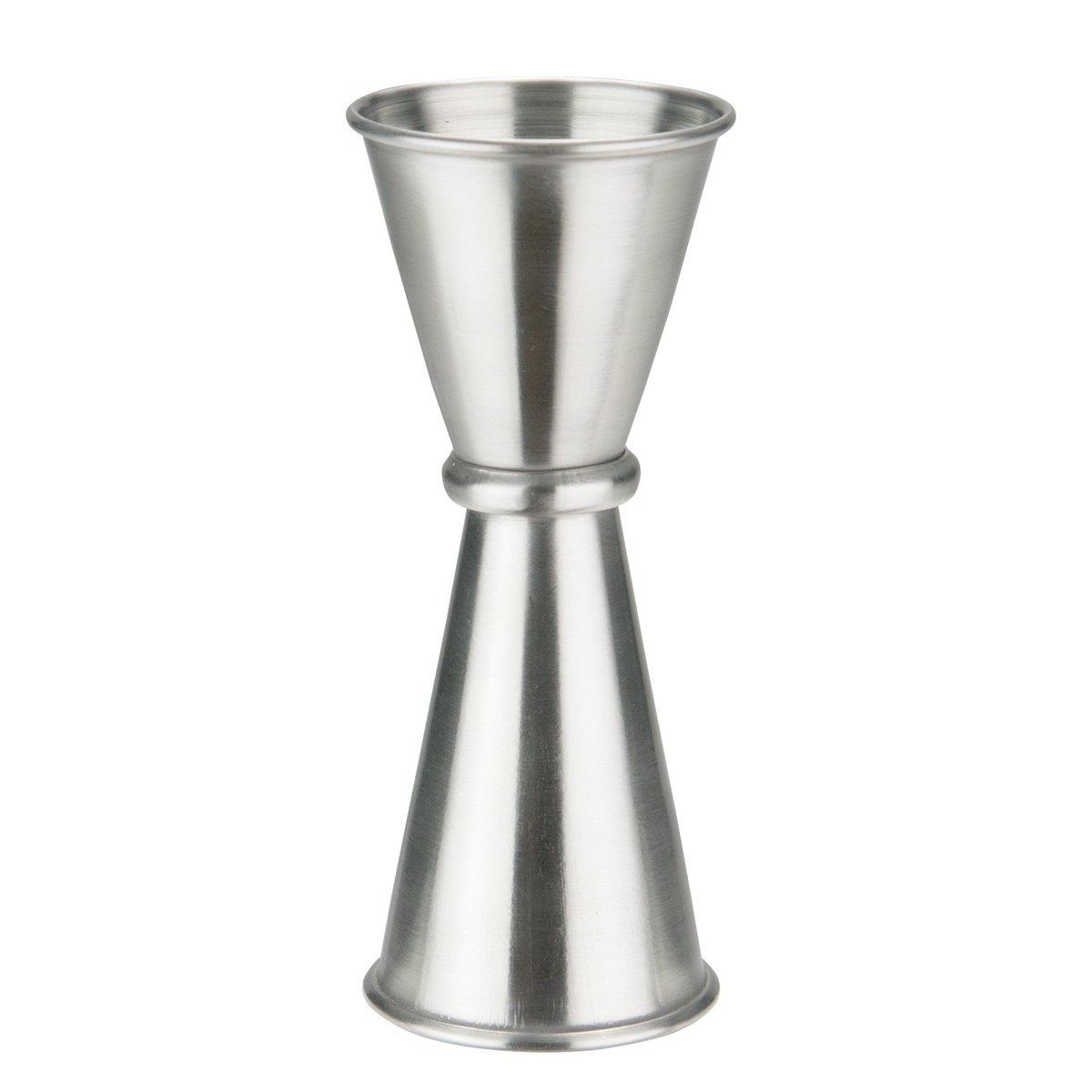 Winco J-8 stainless steel Japanese-style jigger with rolled rim, double-sided 1 oz and 1-1/4 oz capacities