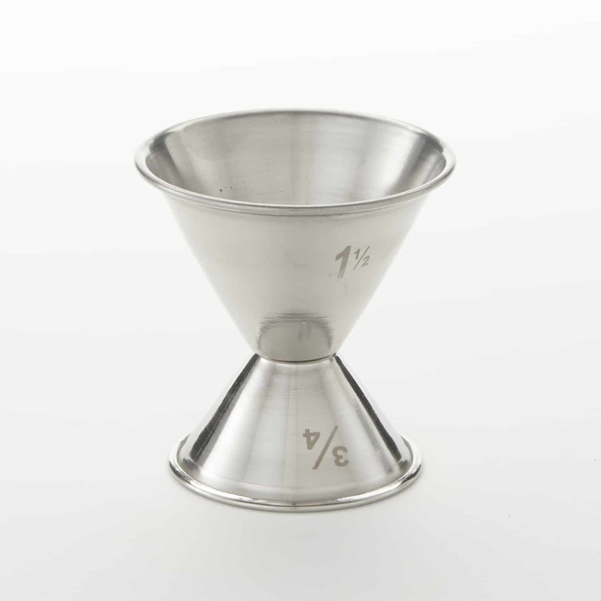 American Metalcraft J203 stainless steel dual-end jigger showing 1-1/2 oz and 3/4 oz capacity markings