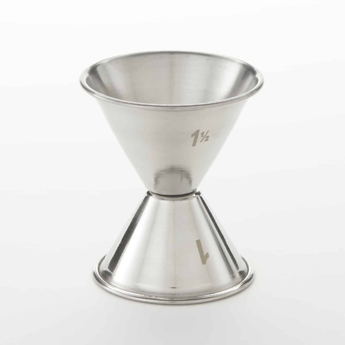 American Metalcraft J204 double-sided stainless steel jigger showing 1.5 oz and 1 oz capacity markings stamped on each side