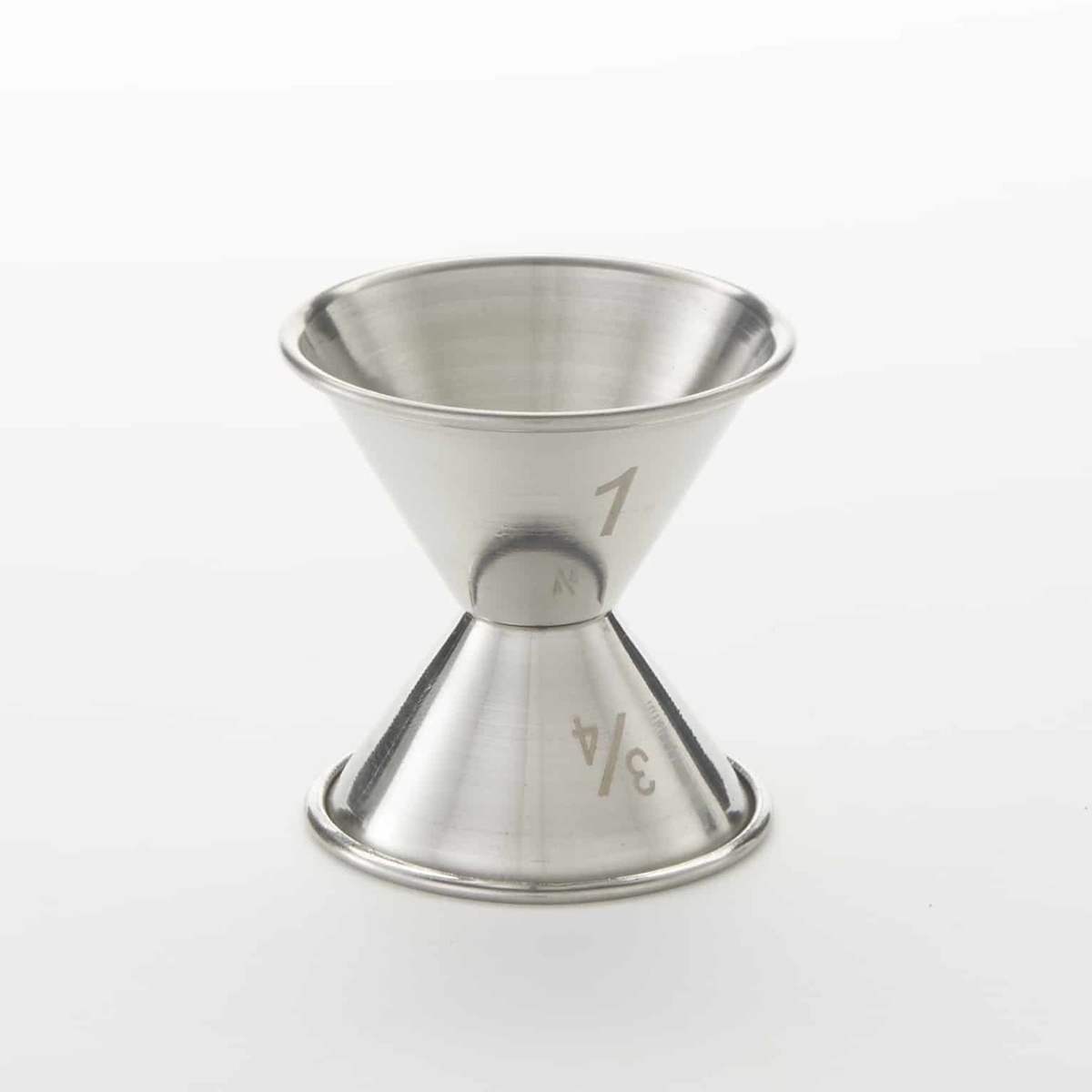 American Metalcraft J206 stainless steel double jigger showing 1 oz. and 3/4 oz. stamped capacities on each side