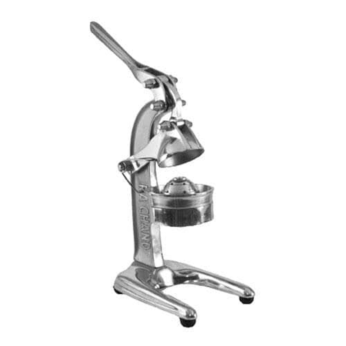 Ra Chand J210 manual citrus juicer with lever arm extended, aluminum construction on white background