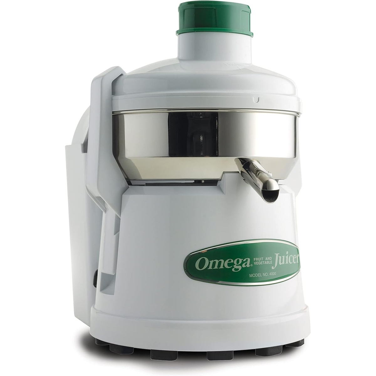 Front view of Omega J4000 juicer showing stainless steel bowl and spout
