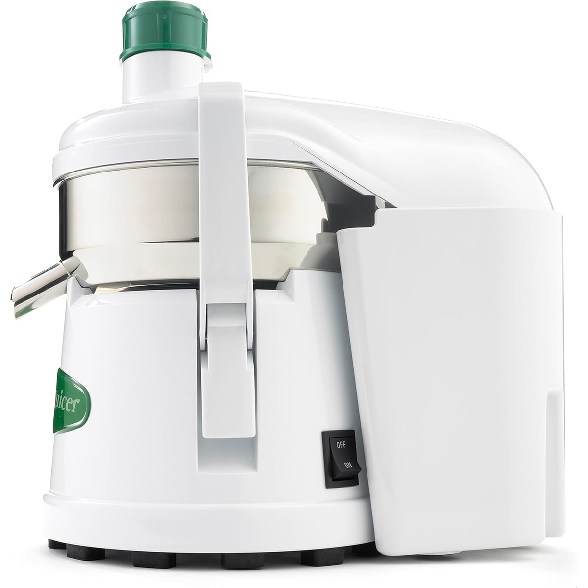 Side view of Omega J4000 juicer showing pulp container and power switch