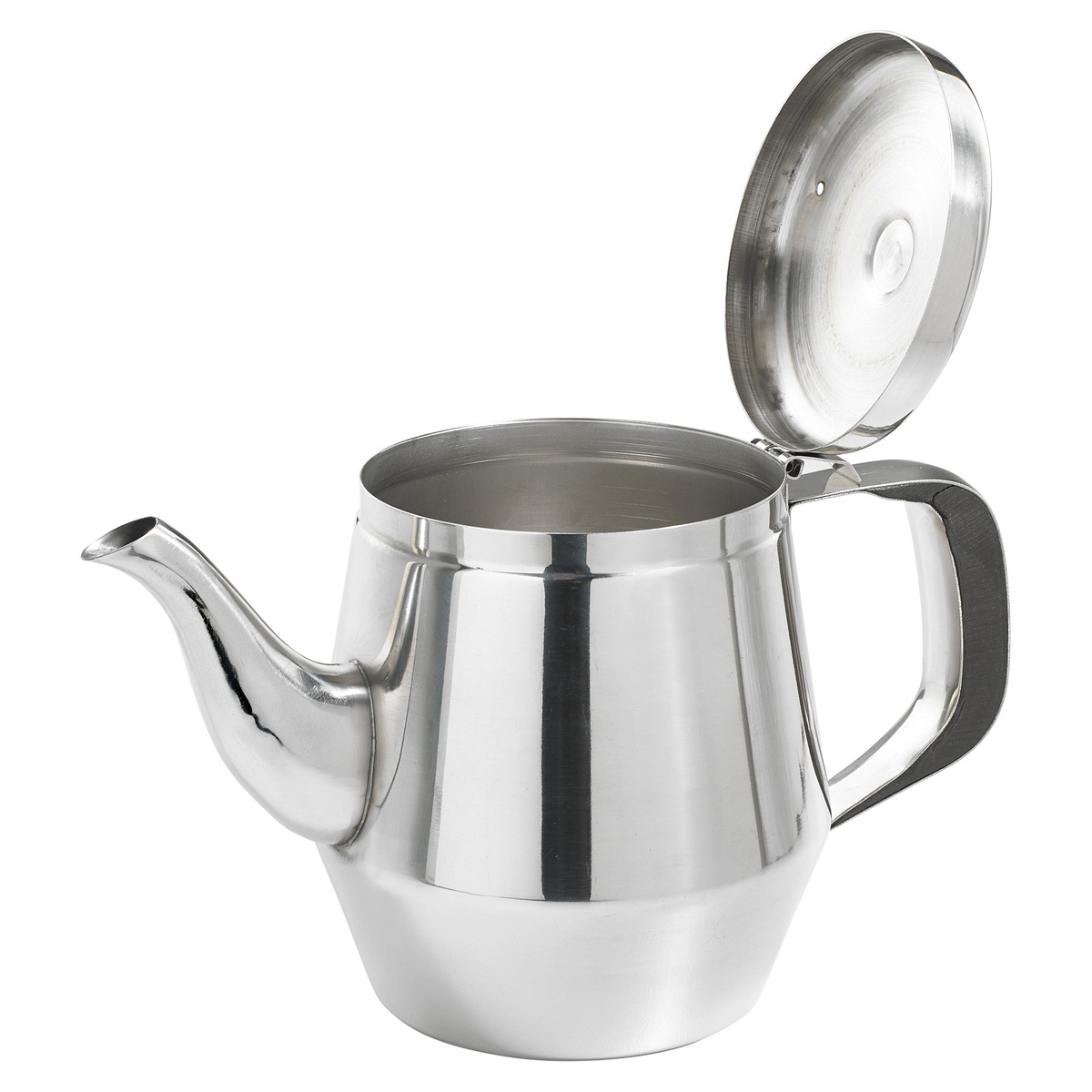Winco JB2920 gooseneck teapot with hinged lid fully open showing stainless steel interior