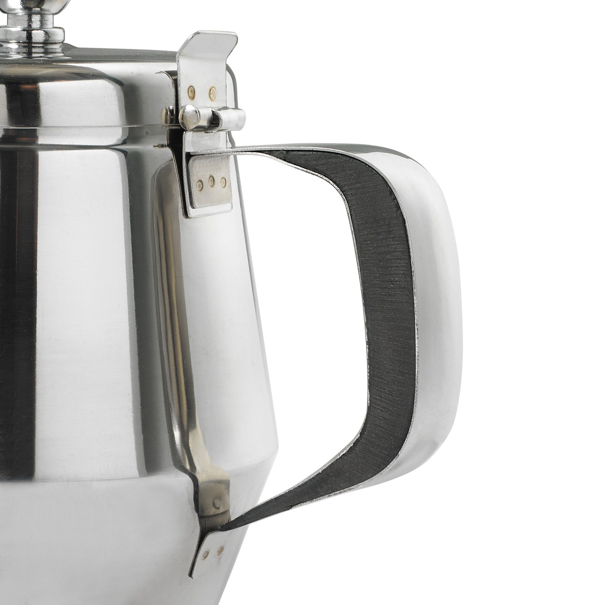 Close-up of the Winco JB2920 teapot Bakelite handle and hinged lid mechanism