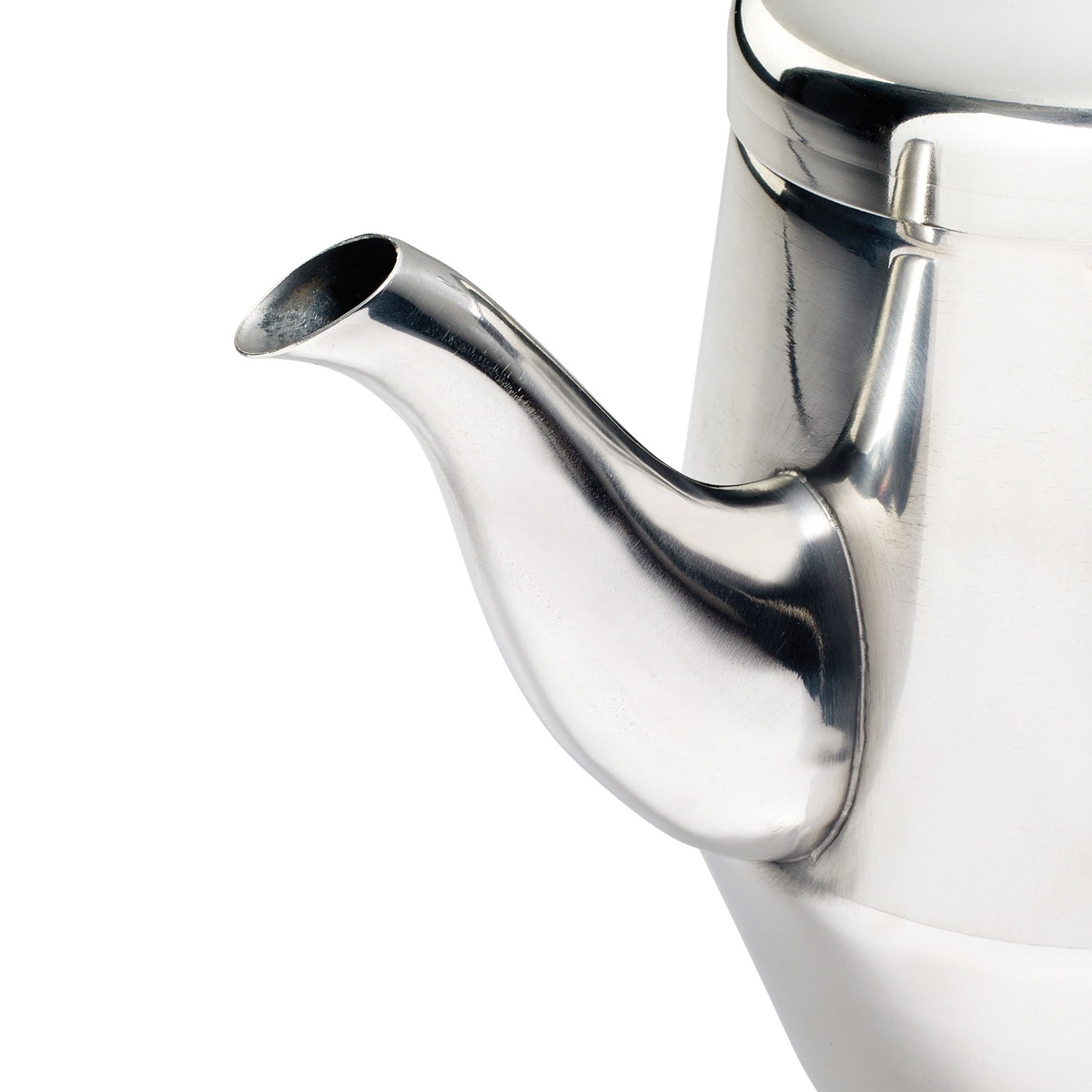 Close-up of Winco JB2932 teapot gooseneck spout showing curved polished stainless steel pour spout