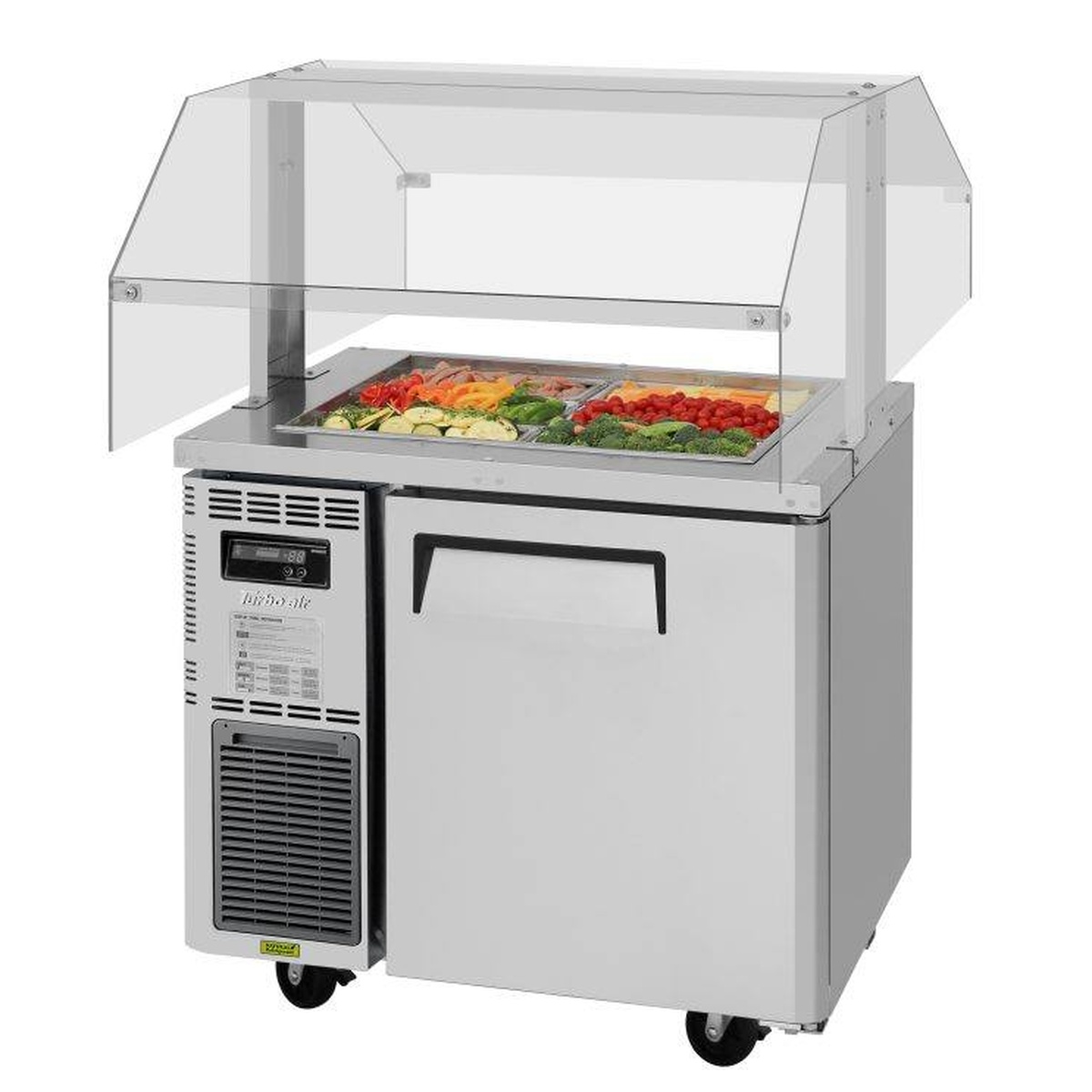 Turbo Air JBT-36-N refrigerated buffet display table with optional sneeze guard and six 1/3 size food pans filled with fresh vegetables
