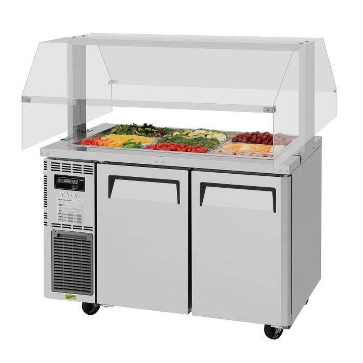 Turbo Air JBT-48-N refrigerated buffet table with optional polycarbonate sneeze guard and nine 1/3-size food pans loaded on top, two solid doors below, side-mount compressor unit visible on left