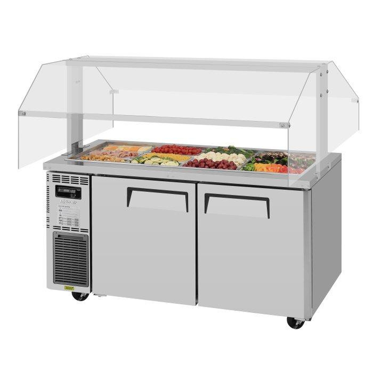 Turbo Air JBT-60-N refrigerated buffet display table with optional sneeze guard and 12 food pans on top