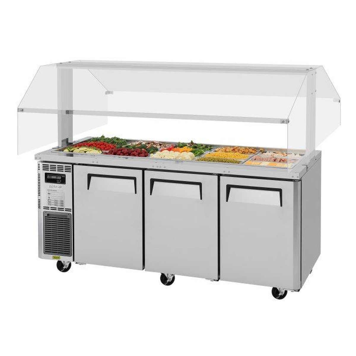 Turbo Air JBT-72-N three-section refrigerated buffet display table with optional sneeze guard and filled condiment pans