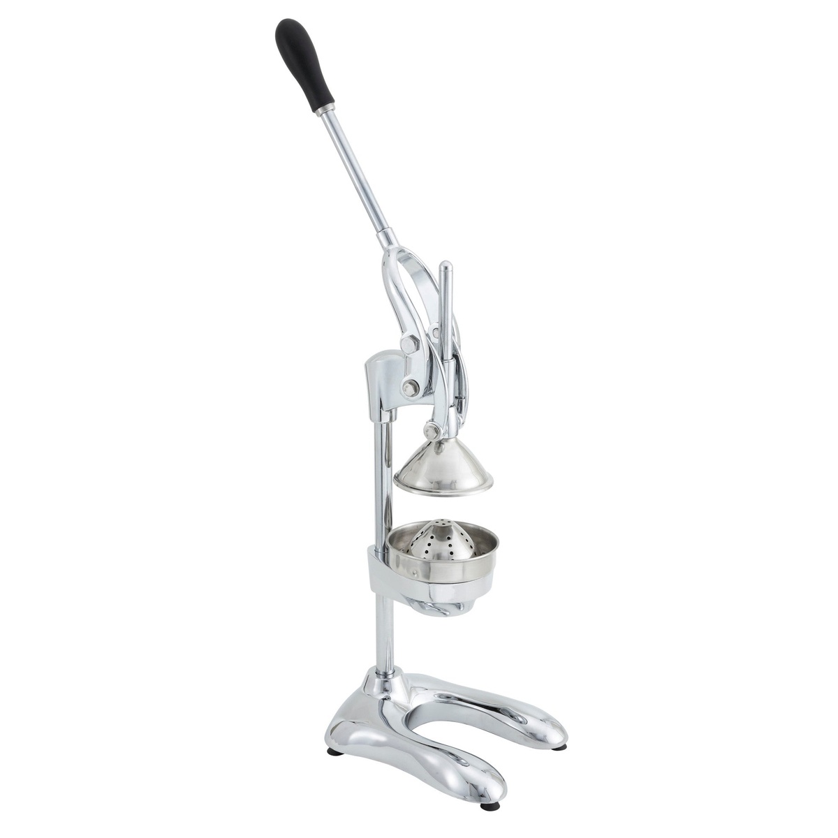 Winco JC-19 19-inch hand press citrus juicer with chrome finish, rubberized handle, stainless steel strainer cup, and reinforced base on white background