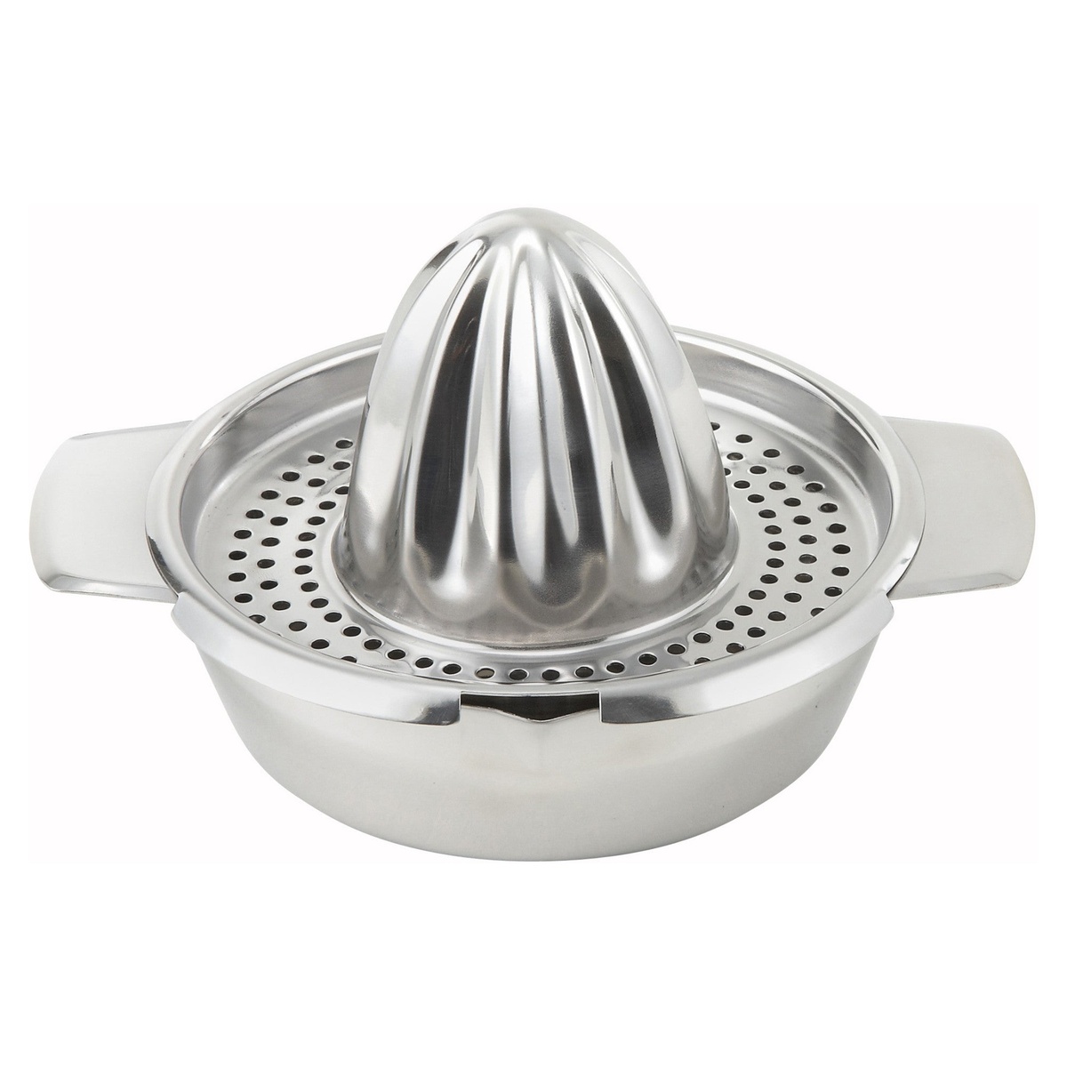 Winco JC-4 5-inch stainless steel manual citrus juicer with ribbed reamer cone and perforated strainer bowl