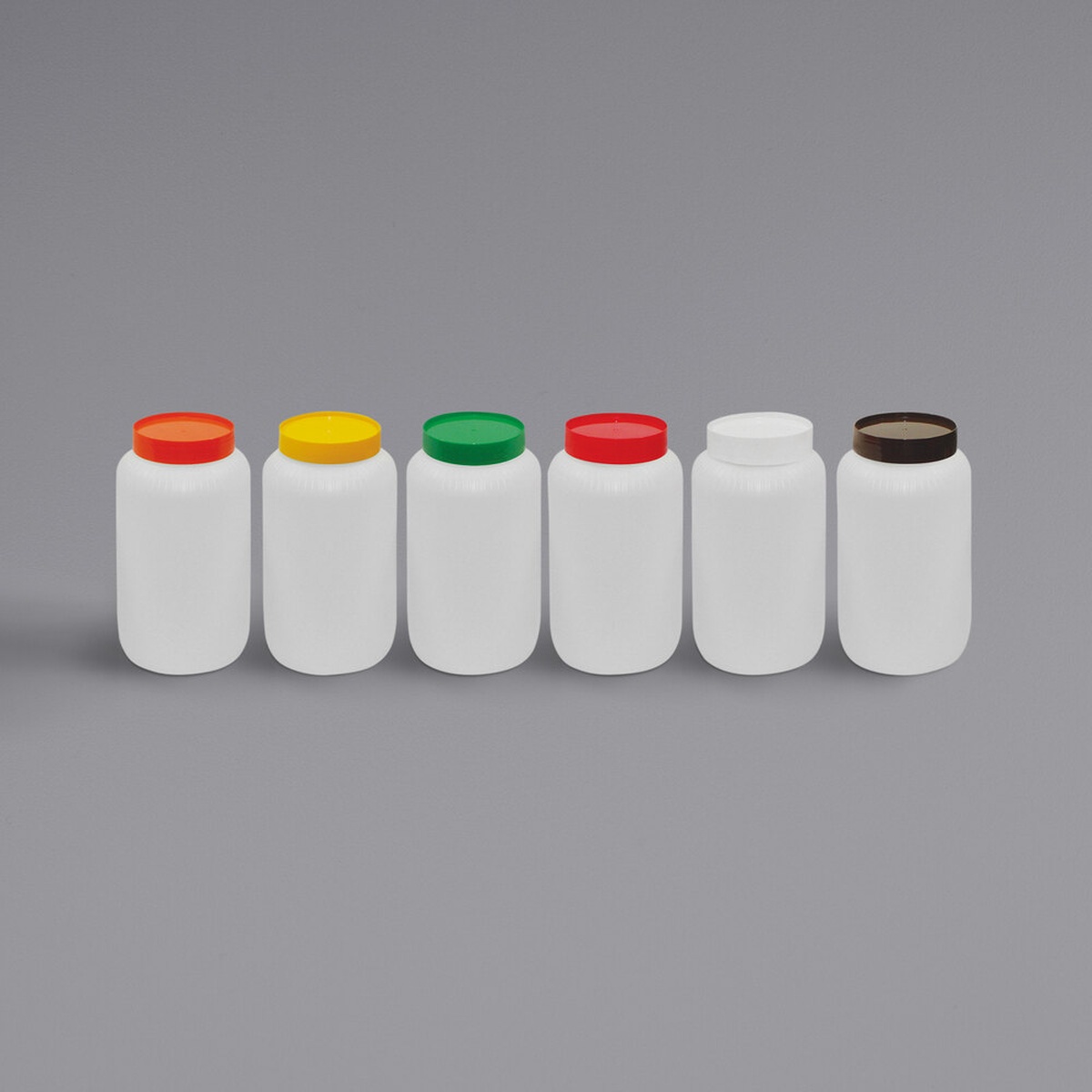 Six translucent white 2 Qt. PourMaster backup containers with assorted color caps: orange, yellow, green, red, white, and brown