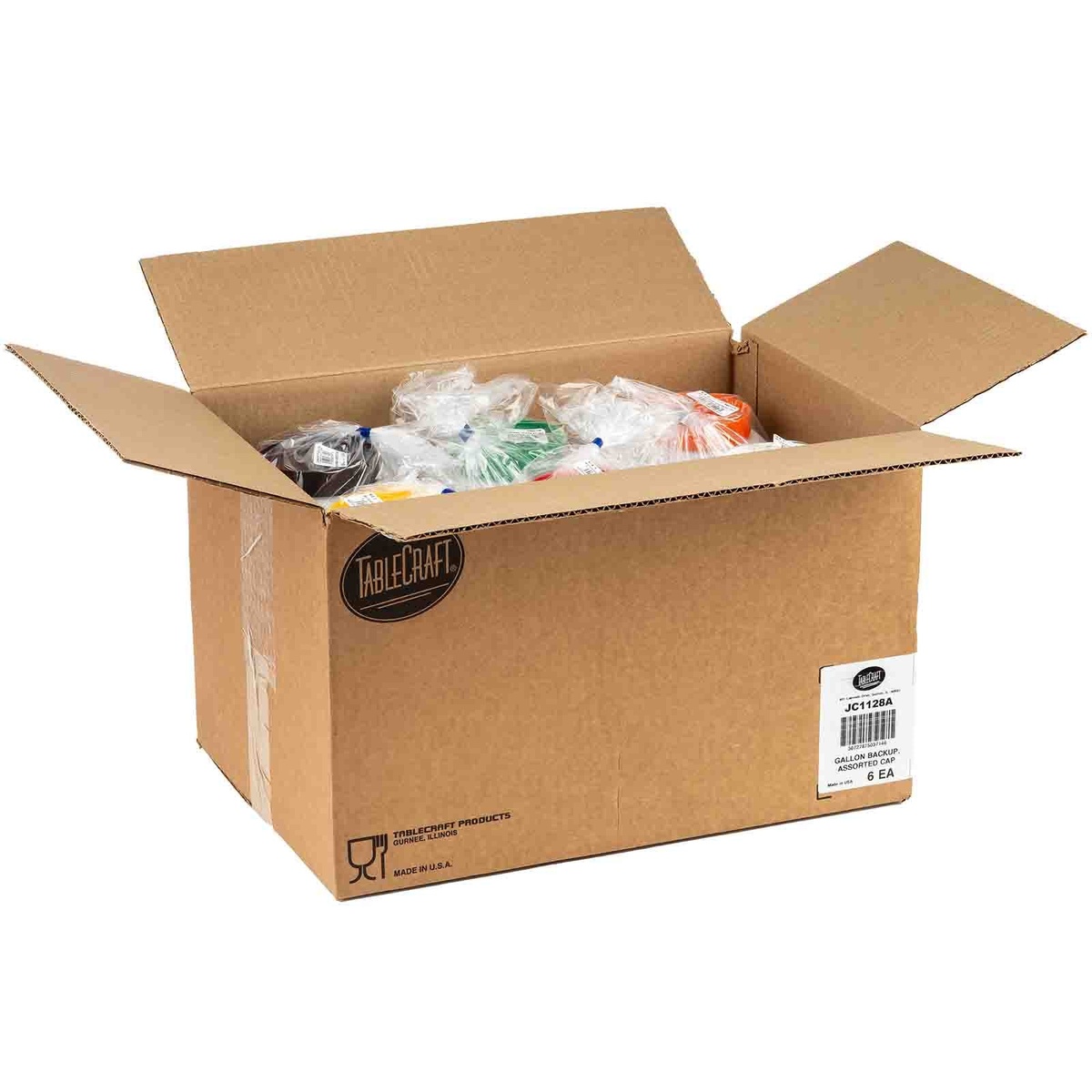 Open TableCraft shipping carton showing 6 individually wrapped PourMaster gallon backup containers labeled JC1128A