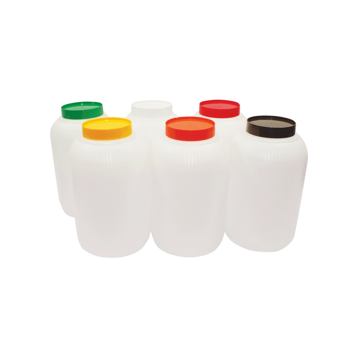 Six TableCraft PourMaster 1-gallon backup containers with assorted color caps: green, yellow, white, orange, red, and brown
