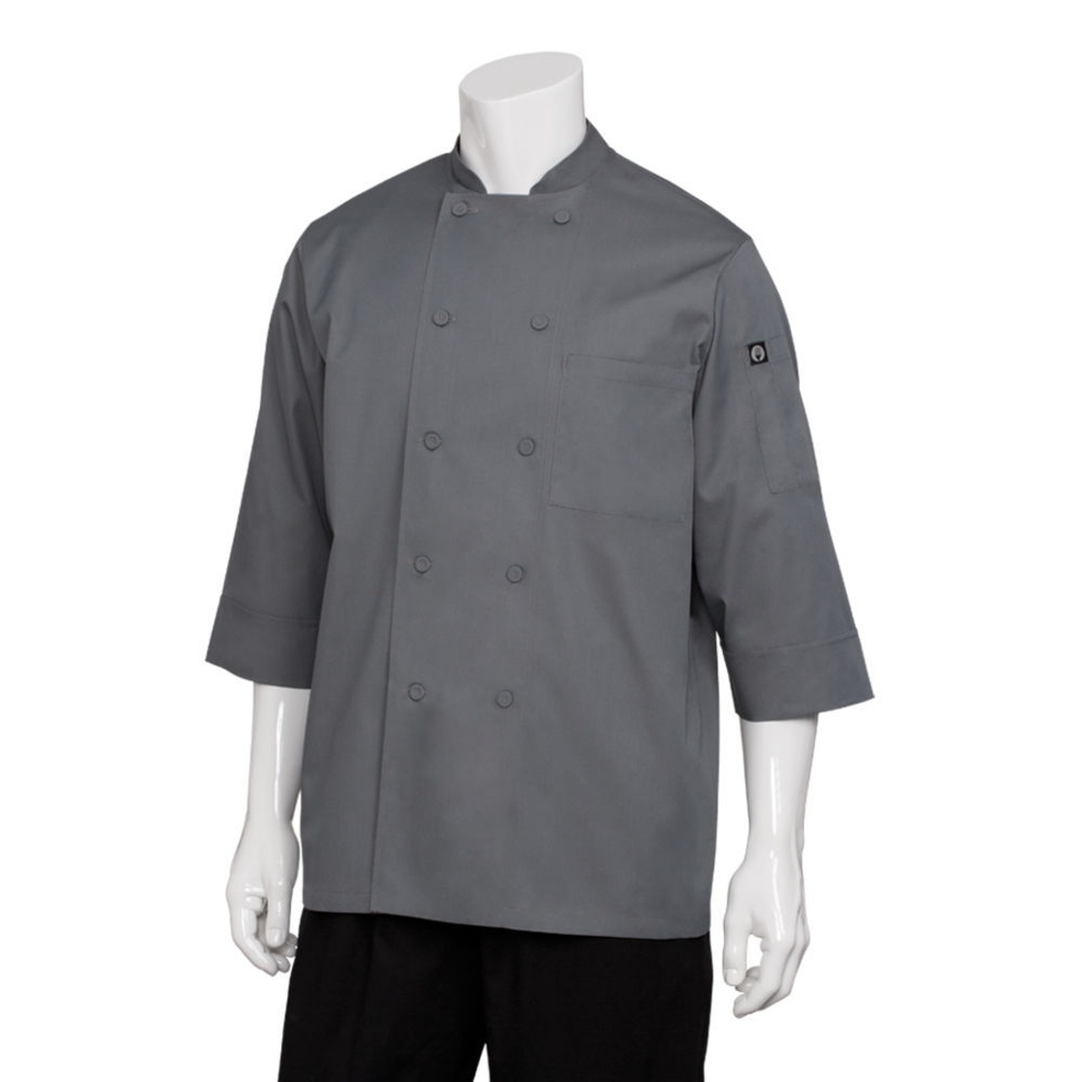 Chef Works Morocco Gray Chef Coat front view showing double-breasted cloth-covered buttons, left chest patch pocket, and 3/4 sleeves