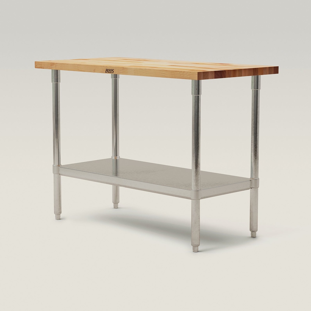 John Boos JNS02 work table angled perspective showing full profile with undershelf and bullet feet