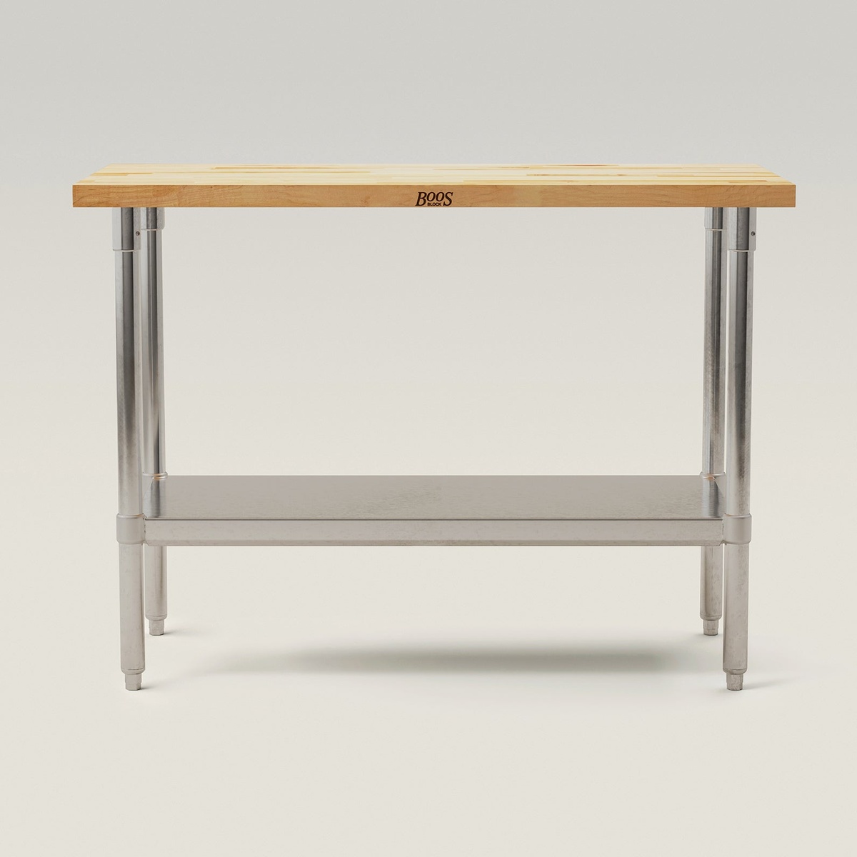 John Boos JNS10-X wood top work table front view with maple top and galvanized undershelf