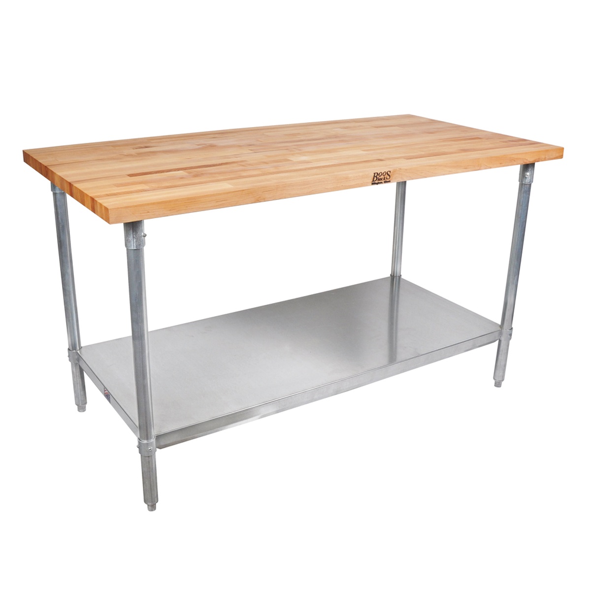 John Boos JNS11 maple top work table with galvanized undershelf and adjustable bullet feet