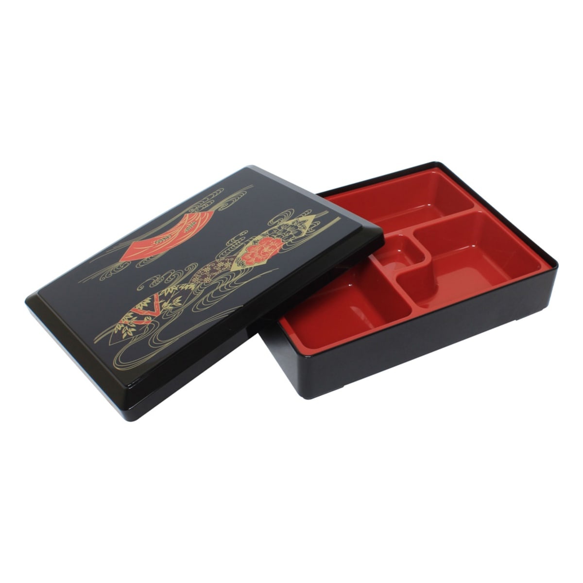 Thunder Group JPRB001 bento box open showing black exterior lid with Asian-inspired gold and red fan design and red 5-compartment interior tray