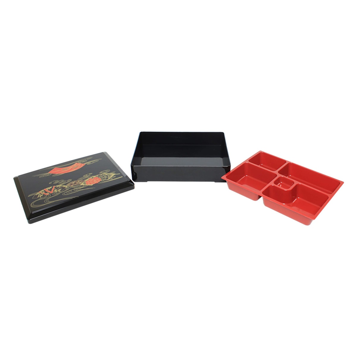 Thunder Group JPRB001 bento box disassembled showing separate lid, black outer box body, and red 5-compartment inner tray