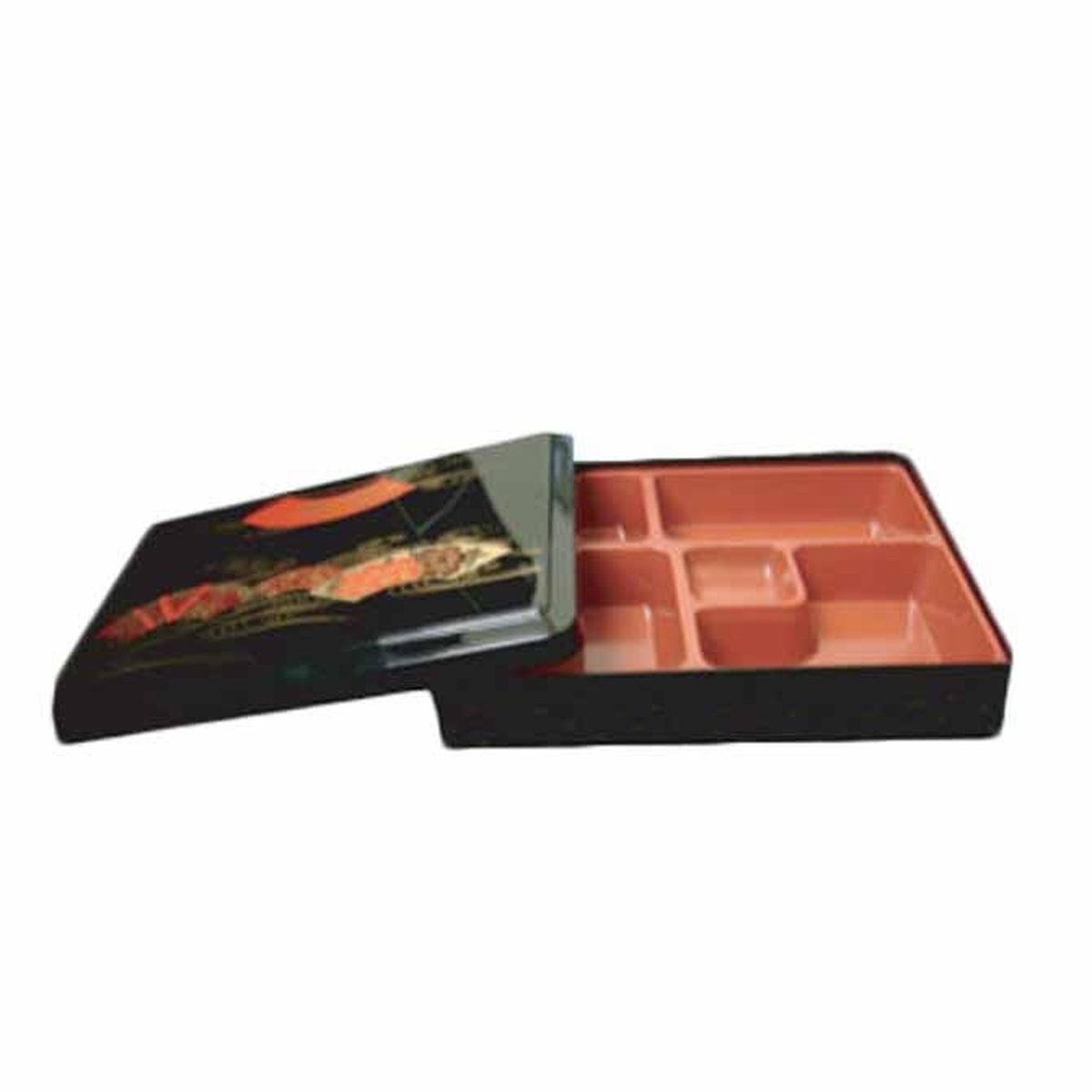 Thunder Group JPRB001 bento box open showing black decorative lid with Asian fan motif and red 5-compartment interior tray