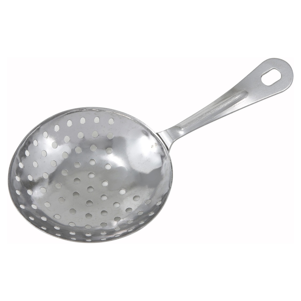 Winco JST-1 stainless steel julep strainer with perforated bowl and looped handle