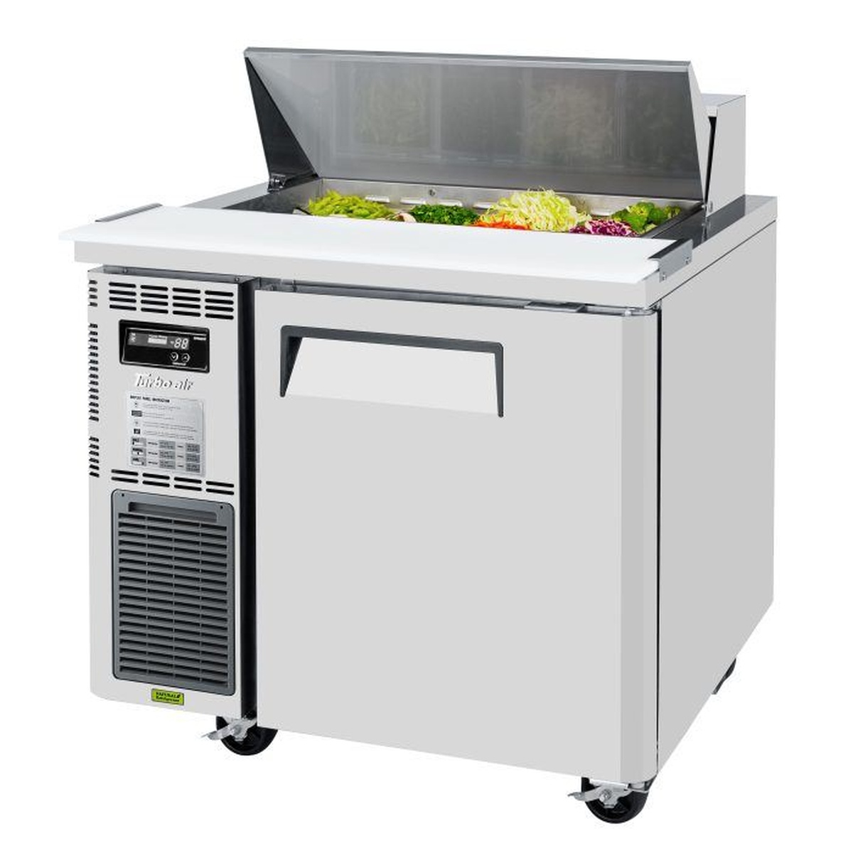 Turbo Air JST-36-N sandwich and salad prep table with hood open showing condiment pans and HDPE cutting board