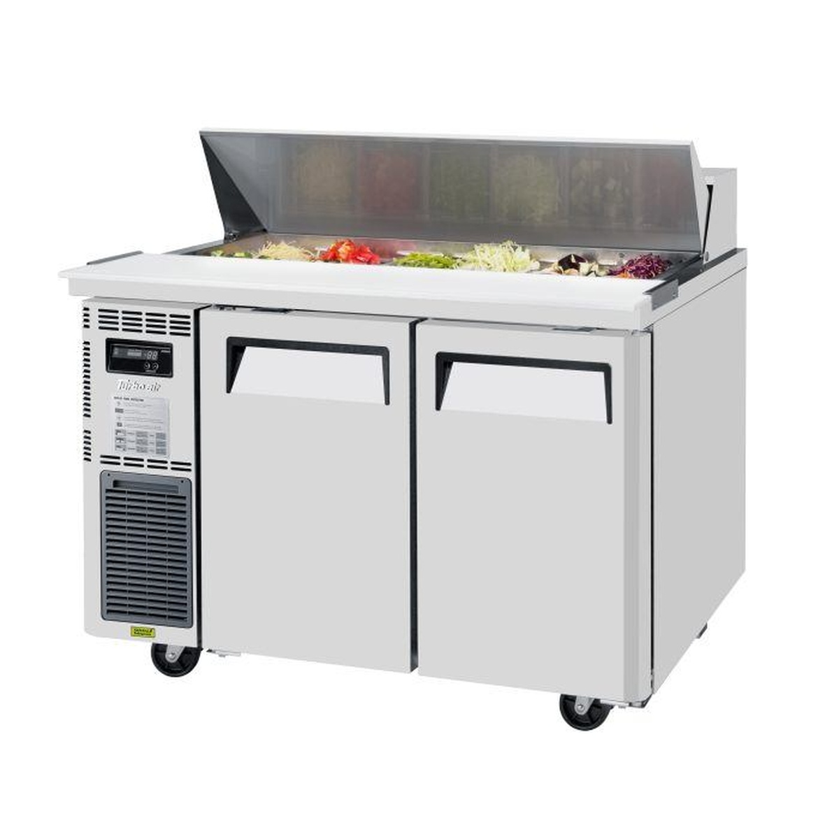 Turbo Air JST-48-N two-section sandwich and salad prep table with open hood showing 12-pan top opening, two solid stainless steel doors, and side-mount compressor